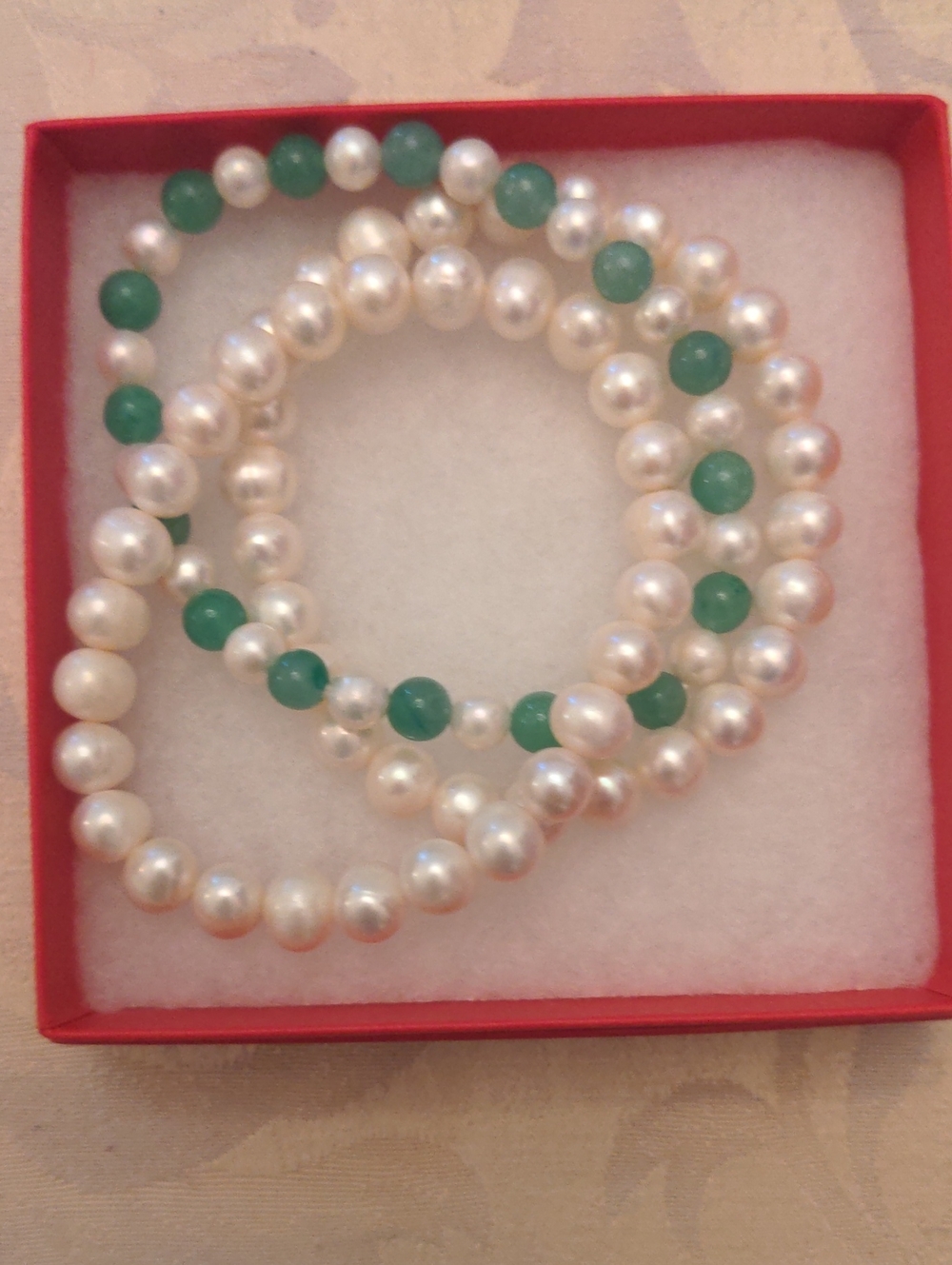 New Freshwater Pearl & Green Jade Beaded  3 Bracelet Set, Stretchy